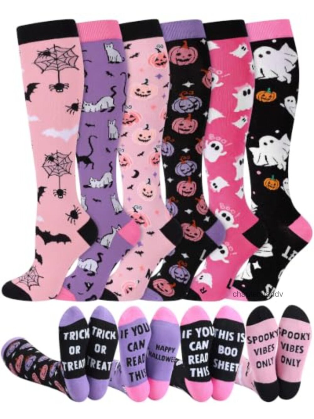 6 Pairs Halloween Knee High Socks Women Cotton Blend Novelty